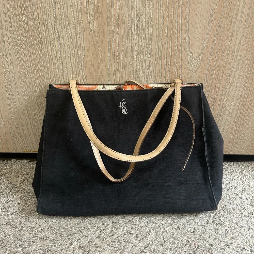 Kate Spade Linen Canvas Tote Bag Monogram Black Tan Travel Shoulder Floral Lined